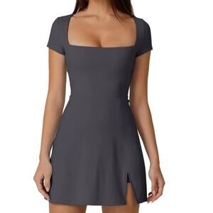 QINSEN Women Square Neck Tennis Dress Short Sleeve Builtin Shorts Golf Pocket XL